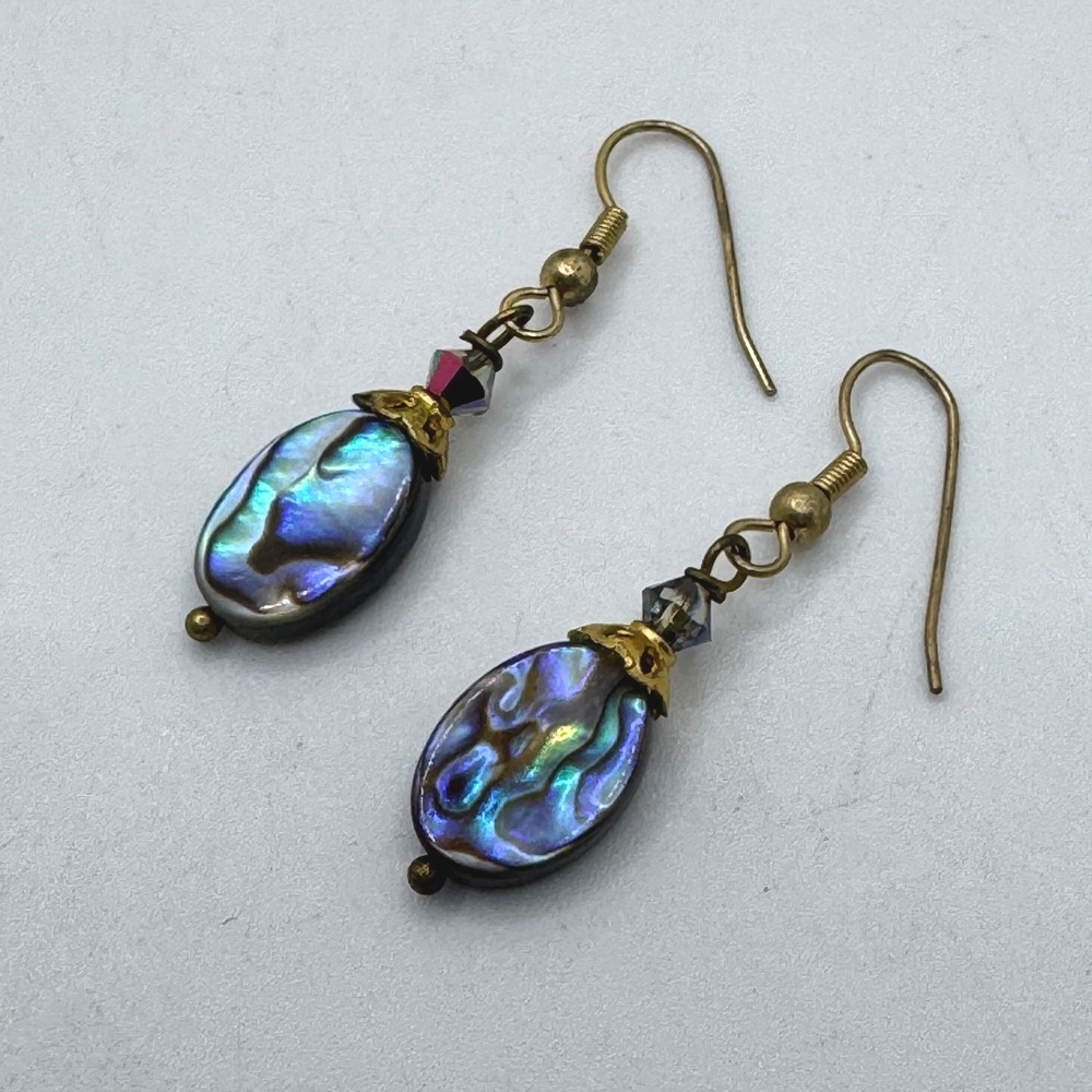 Vintage Iridescent Abalone Shell Drop Earrings Gold Tone Crystal Accent Boho